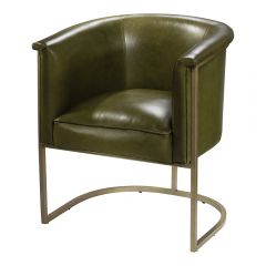 Moss green leather chair with bronze metal frame for conferences and events. 