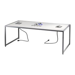 white cocktail table with custom graphic