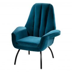 Plush art deco inspired chair with teal velvet fabric and black steel legs. 