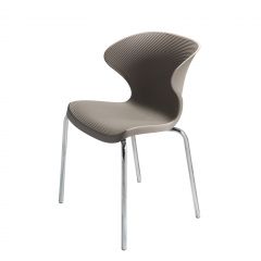 Curved event rental gray stacking chair with chrome legs for conferences and meetings.