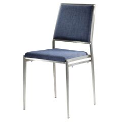 Ocean blue fabric chair with brushed metal frame. 