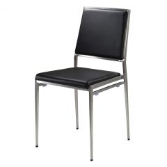 Brushed metal framed chair with black vinyl back and seat. 