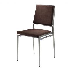 Brown fabric back and seat chair with brushed metal frame. 