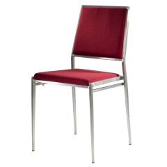 Brushed metal framed chair with red fabric seat and back.