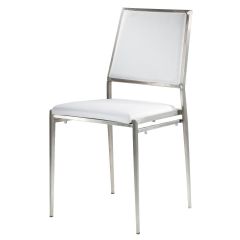 Brushed metal framed chair with white vinyl back and seat. 