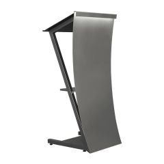 Sleek charcoal gray curved metal lecturn for conferences and events. 