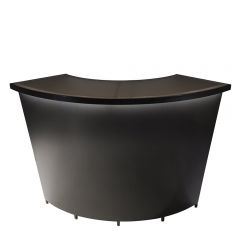 Curved metallic pewter gray bar with taupe colored glass top and LED-lit front for lounges