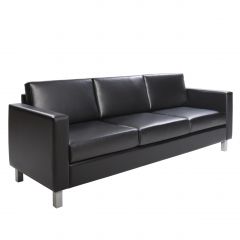 Large 3-seat sofa with black vinyl seats and silver powder coated legs. 