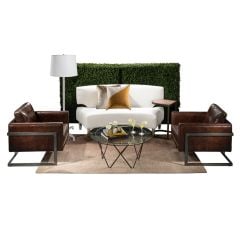 Earthy event rental package with white soft seating