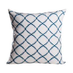 Contemporary white and blue ogee patterned throw pillow. 