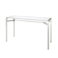 rectangular bar table with polished stainless steel frame and white acrylic top