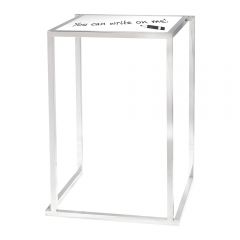 square bar table with chrome frame and a custom top with whiteboard surface