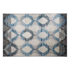 Large blue and gray ogee patterned area rug. 