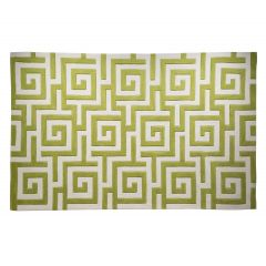 Large gray and green geometric patterned area rug.