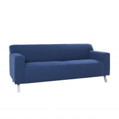 Mid-century woolco sofa with plush blue seats and brushed metal legs.