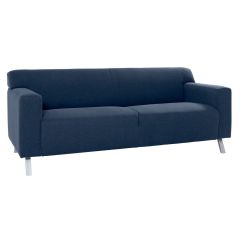 Mid-century woolco sofa with plush blue seats and brushed metal legs.