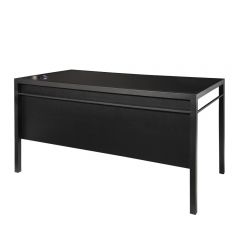 Sleek black metal laminate powered desk for meetings and conferences. 