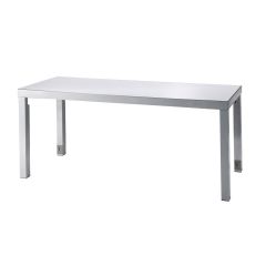 Communal cafe table with white top and brushed-silver legs.