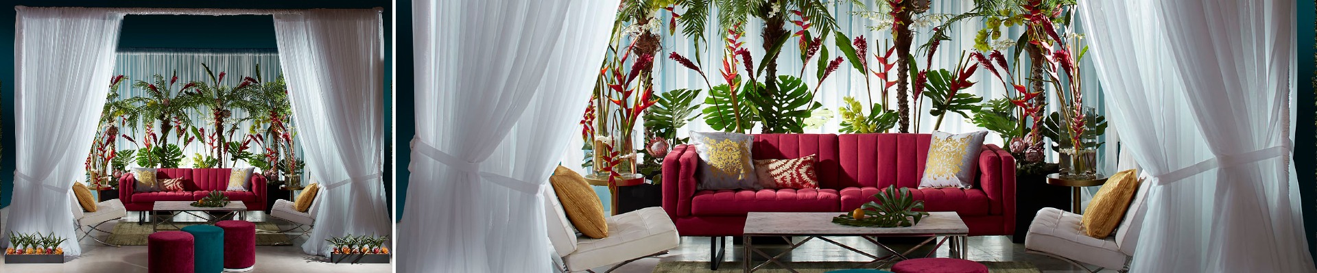White drape cabana with red sofa and ottoman