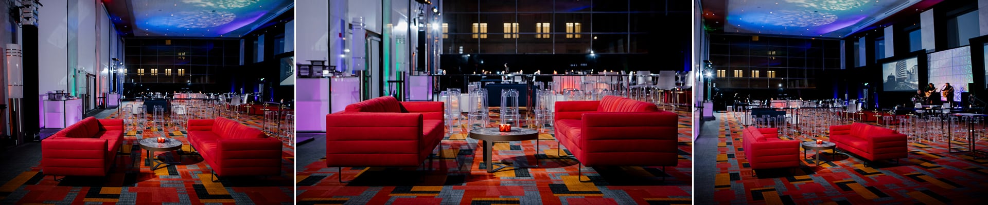 red padded sofas in a hotel ballroom