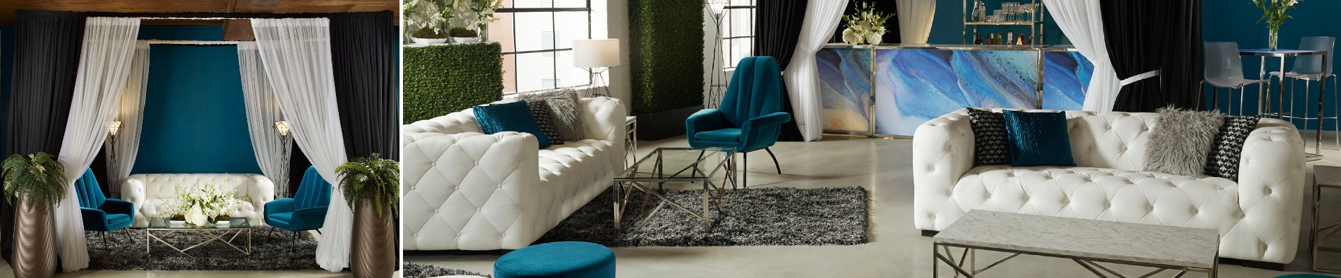 lounge with white and teal furniture