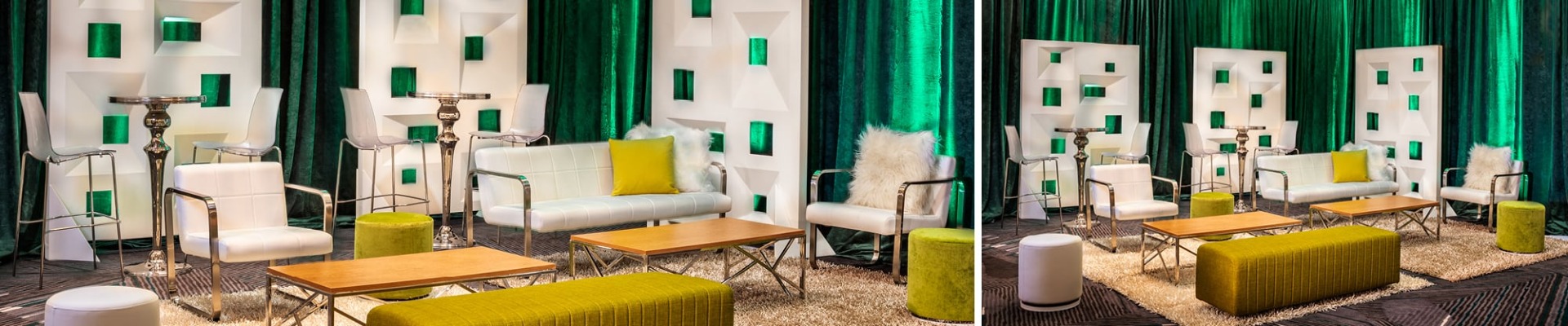 lounge with white furniture and green drape