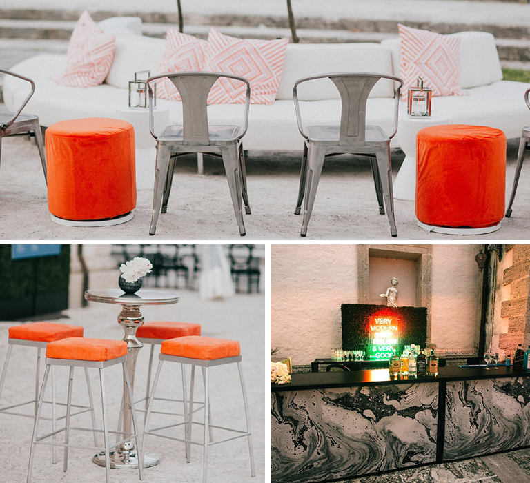 Wedding with rented orange and metallic rental furniture