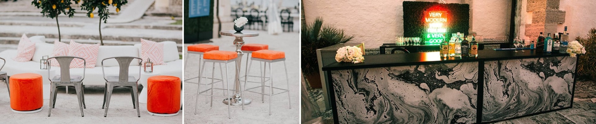 Wedding with rented orange and metallic rental furniture