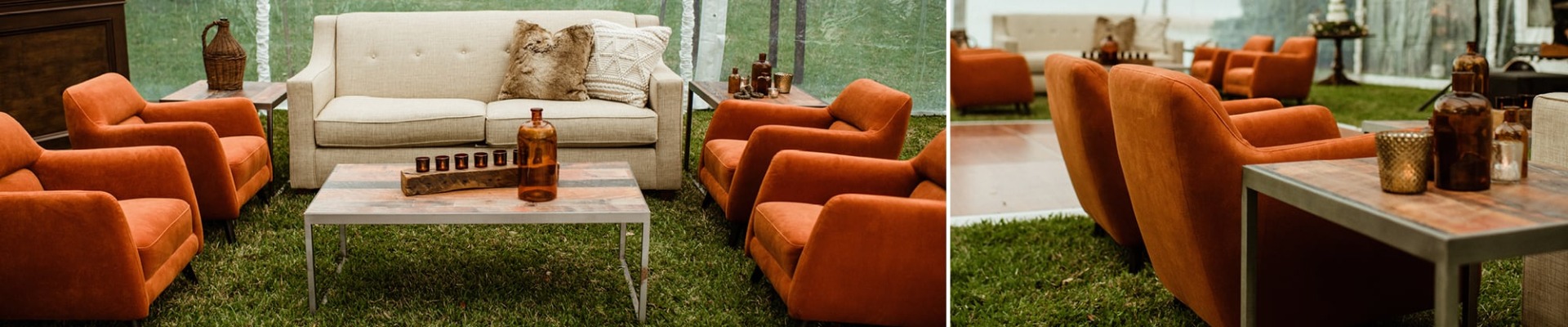 reception in tent with beige and orange furniture