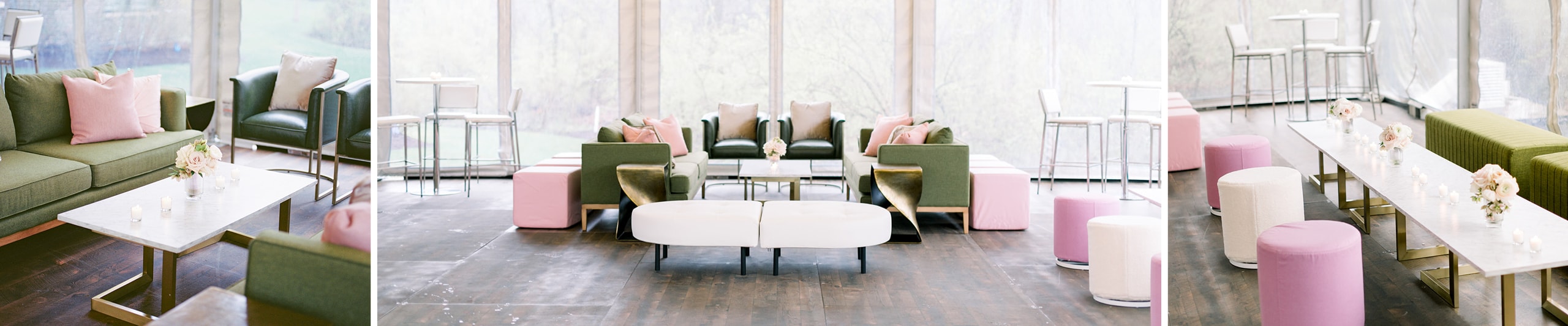 green seating with pink and gold decor at wedding reception in outdoor tent