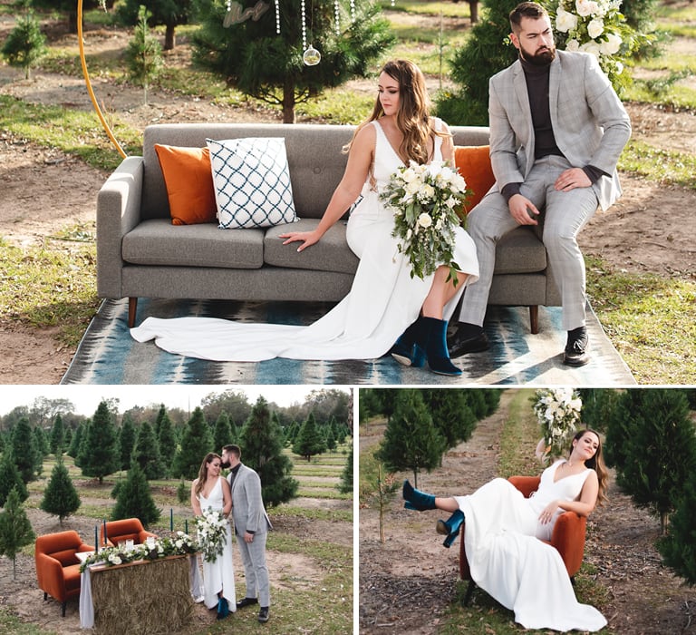 wedding photoshoot with gray and orange furniture outdoor