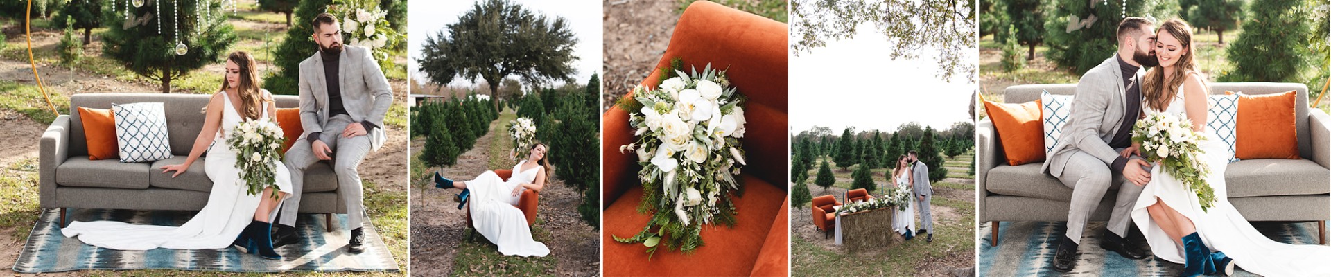 wedding photoshoot with gray and orange furniture outdoors