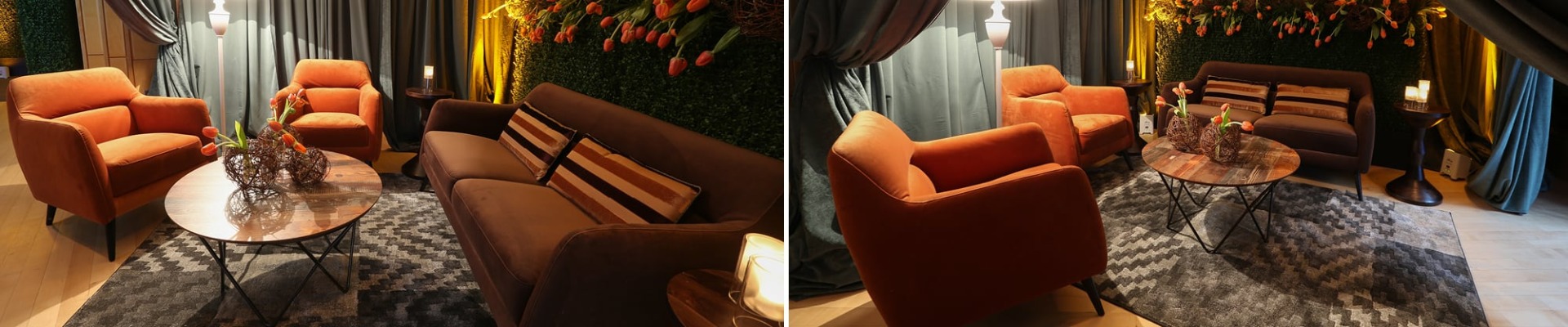 lounge with spice orange and brown soft seating