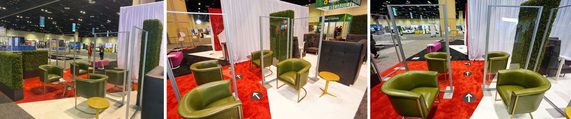 green accent chairs split up by clear dividers