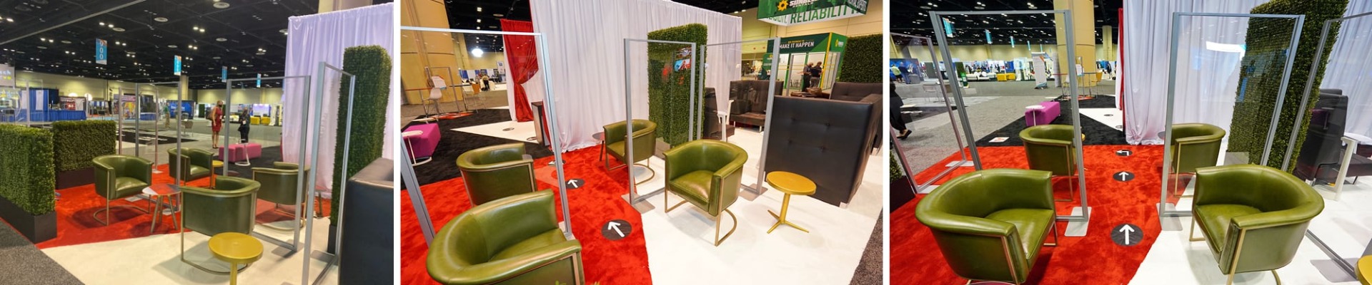 green accent chairs split up by clear dividers