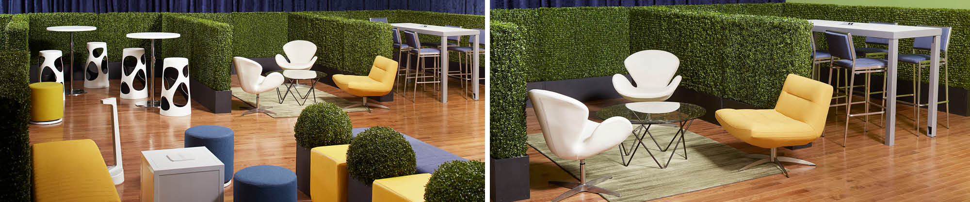 breakout session layout with faux greenery hedges
