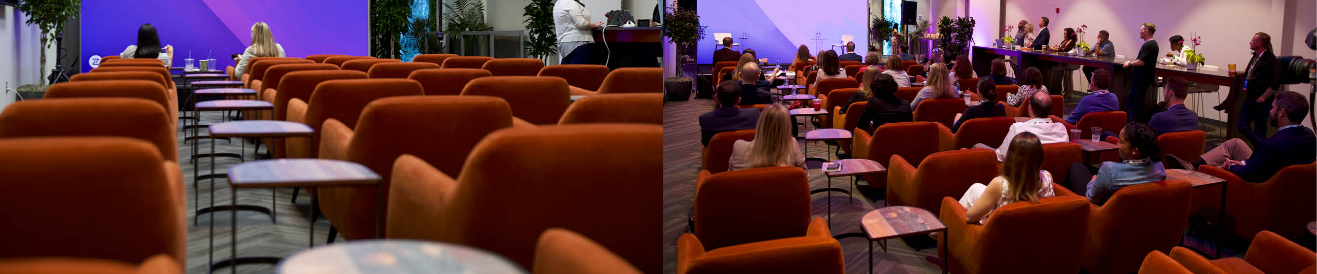 meeting with rows of spice orange club chairs and wood side tables