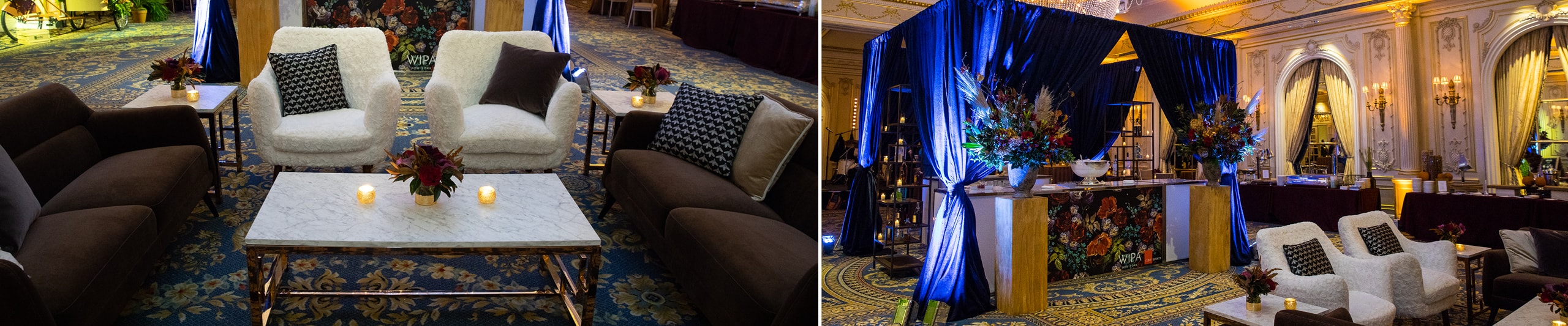 event in elegant ballroom featuring bar area with blue drape and lounge with brown and white seating