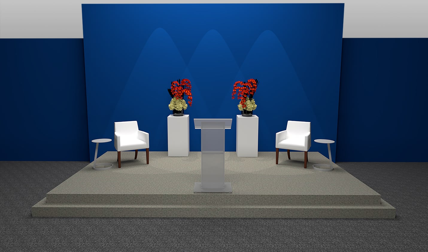 stage with white meeting chairs and acrylic podium for rent