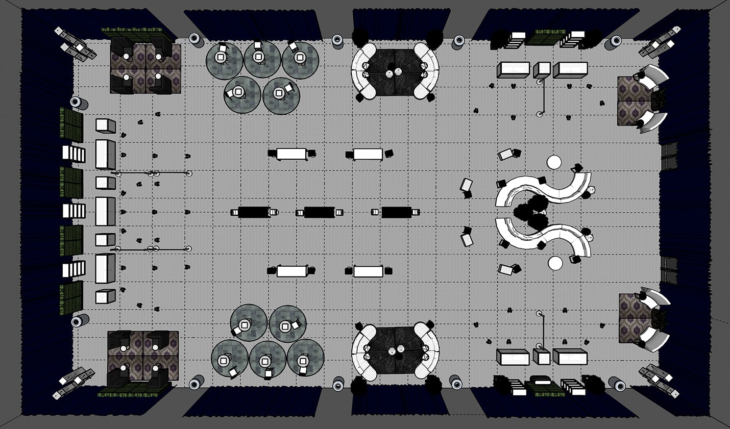 birds eye view of a space plan of event with 6 foot grid for social distancing