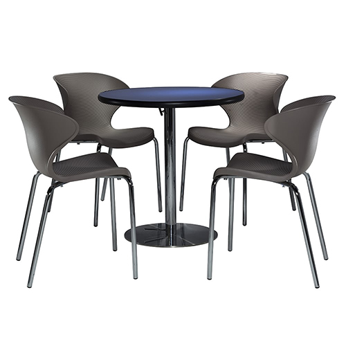 four gray molded chairs around a blue cafe table