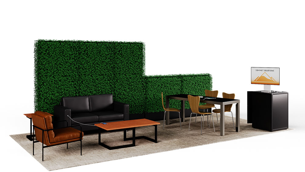 green soft seating set up with life like trees and orange accents