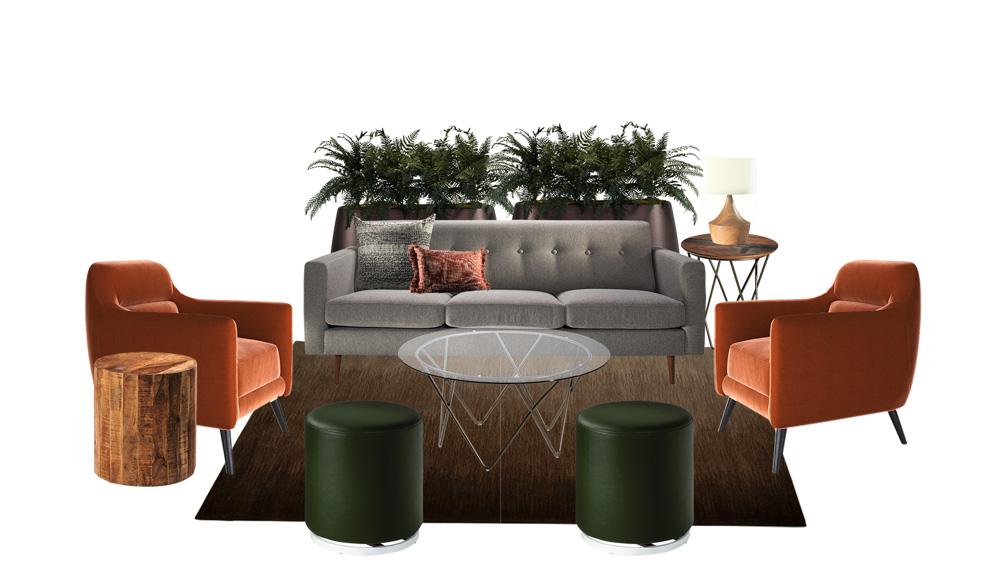 green soft seating set up with life like trees and orange accents