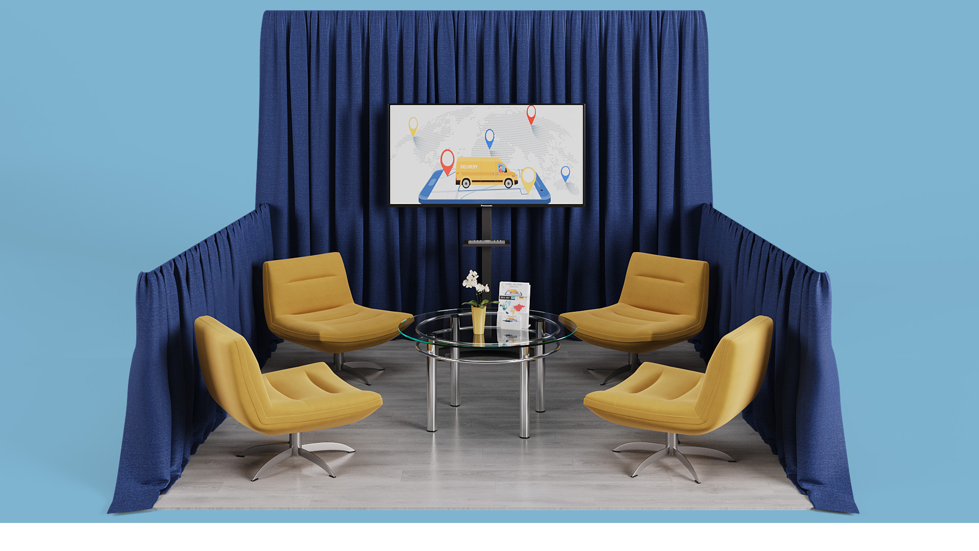 10x10 campfire session with yellow swivel chairs for flexible discussions