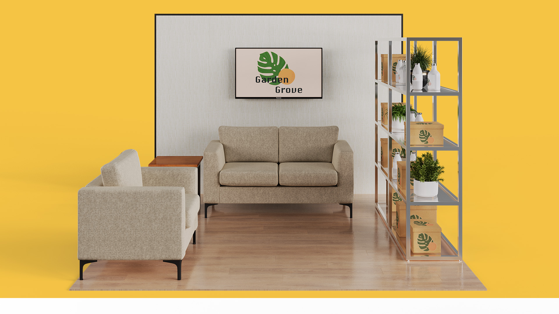 10x10 booth with neutral seating and posh shelving