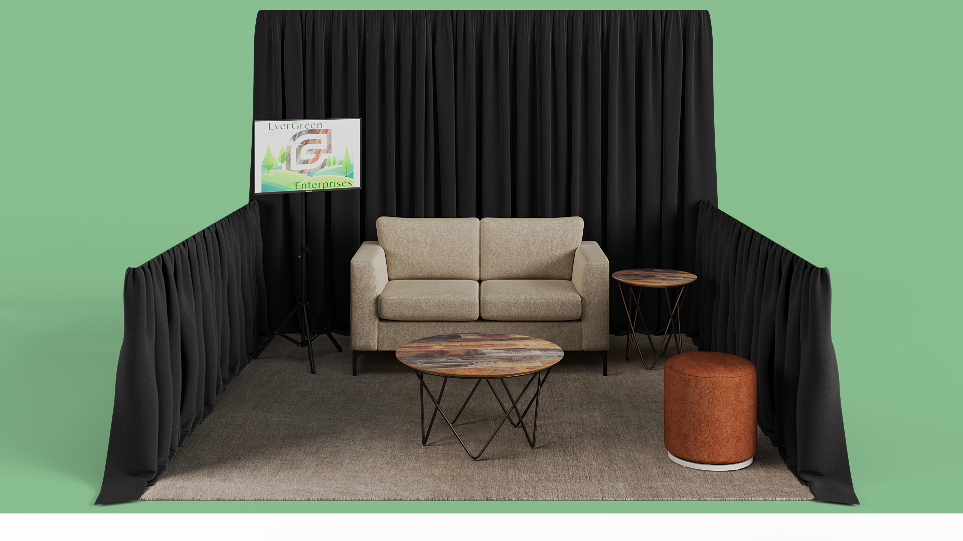 10x10 booth with neutral toned seating mixed with wood accents