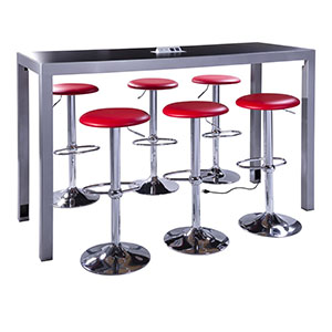 red barstools with black table for rent