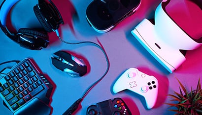 Overhead view of video gaming accessories