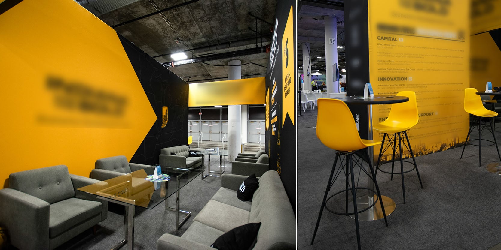 large trade show booth with drape dividers, brown leather seating and orange bench ottomans